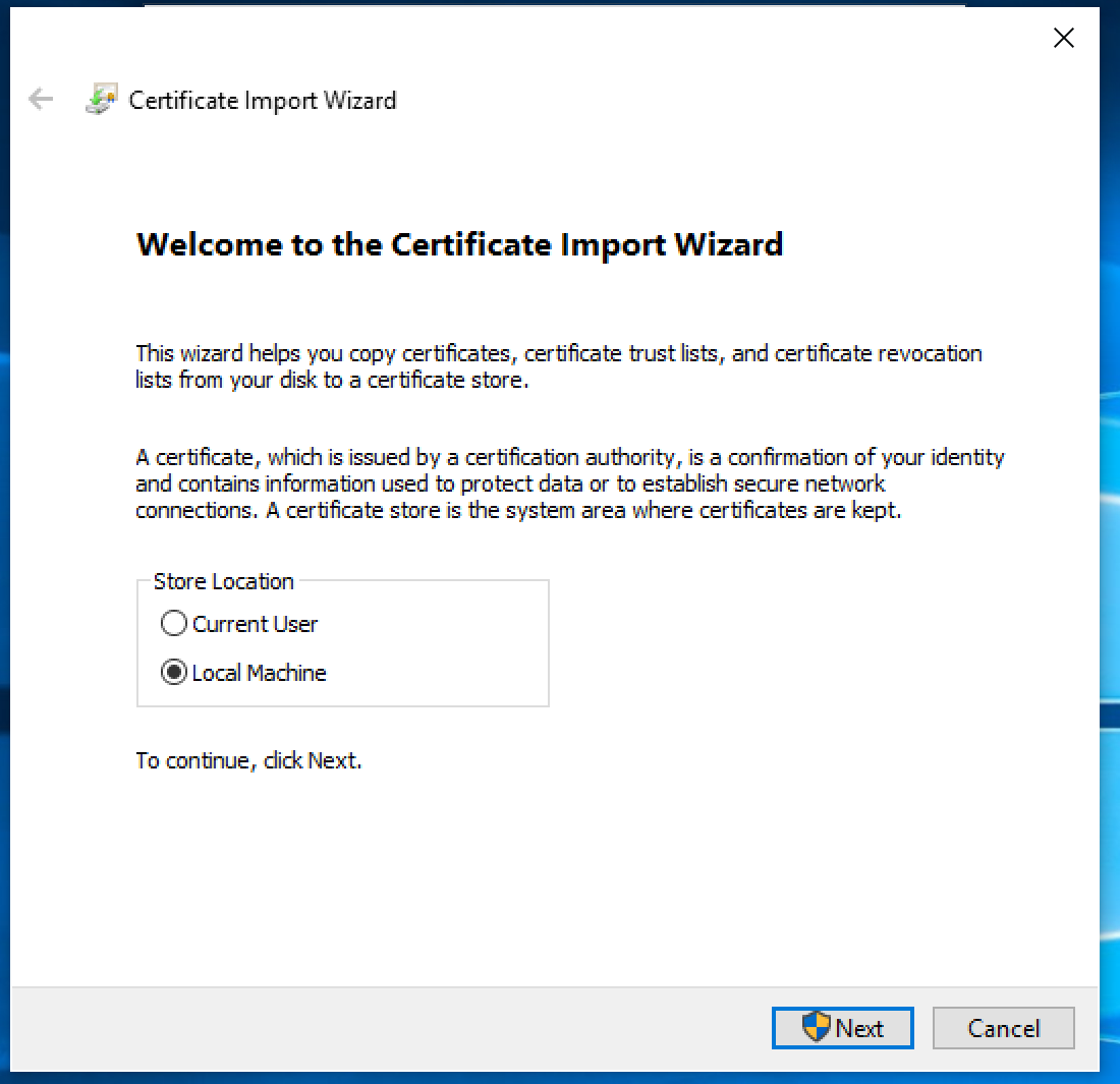 start of certificate wizard