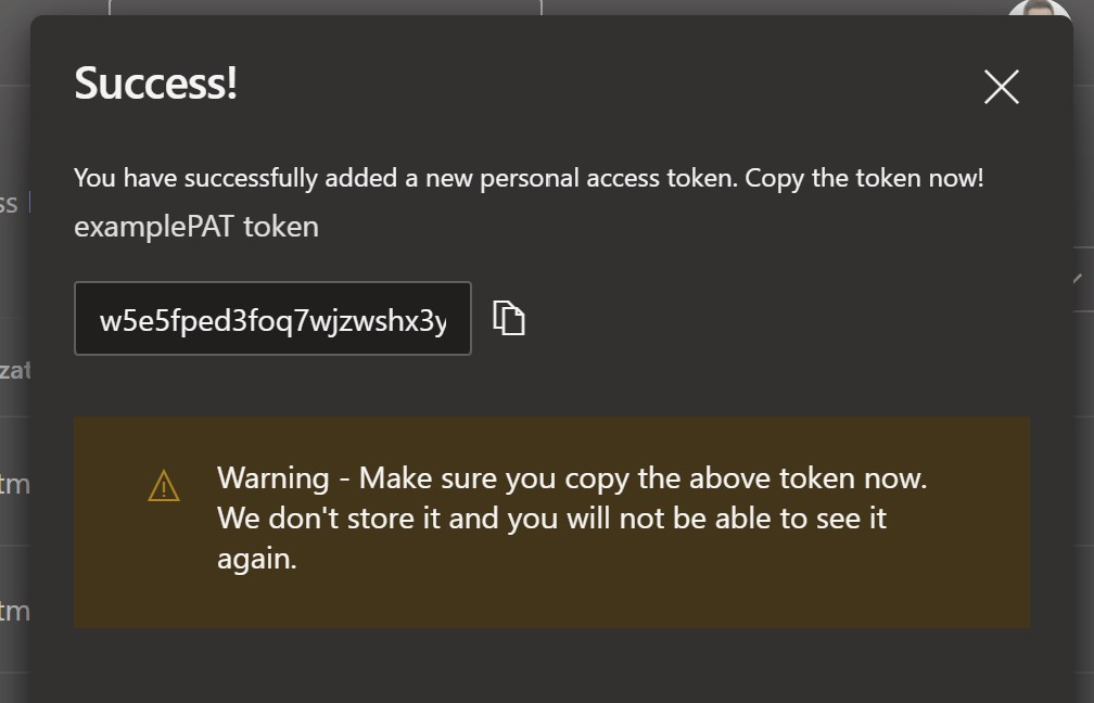 Success dialog where you can copy the PAT